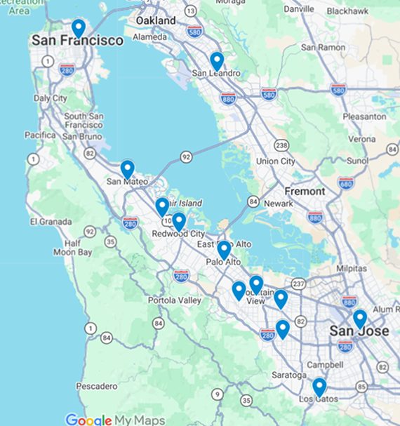 Map showing SF Bay Area service locations including San Francisco, San Jose, Palo Alto, and surrounding communities